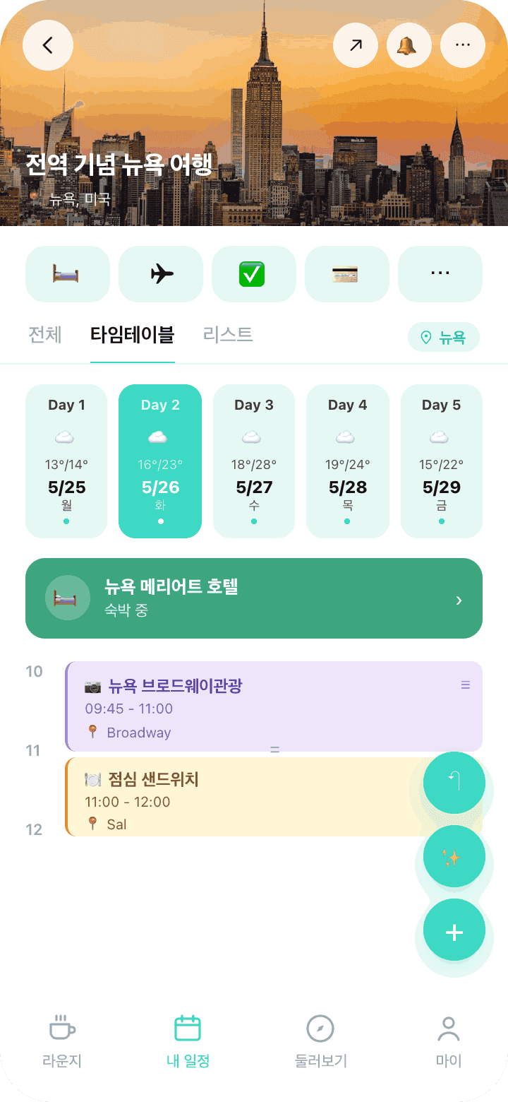 Clei 여행 일정 타임테이블 — 드래그로 시간 조정