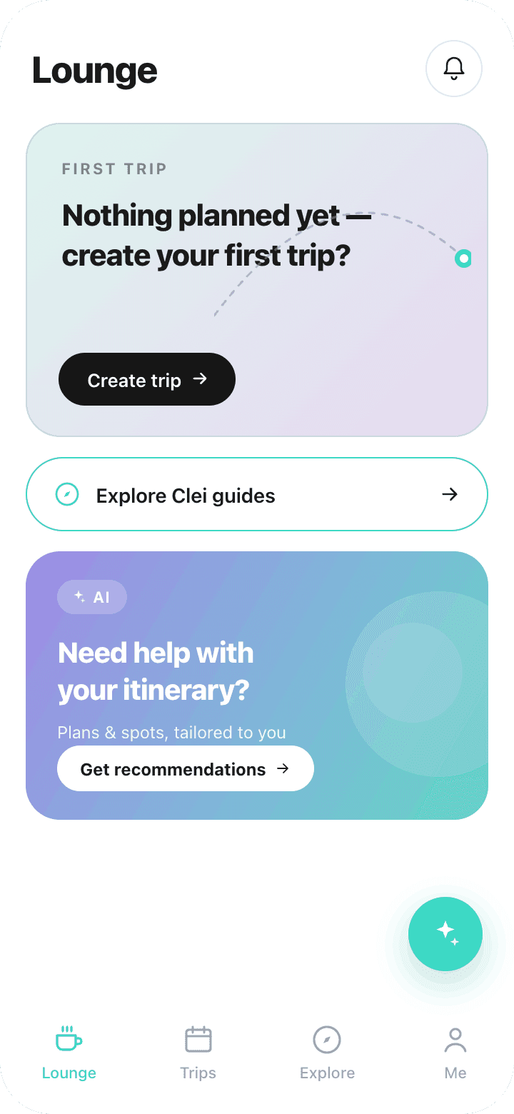 Clei AI Travel Planner Lounge — current and upcoming trips at a glance