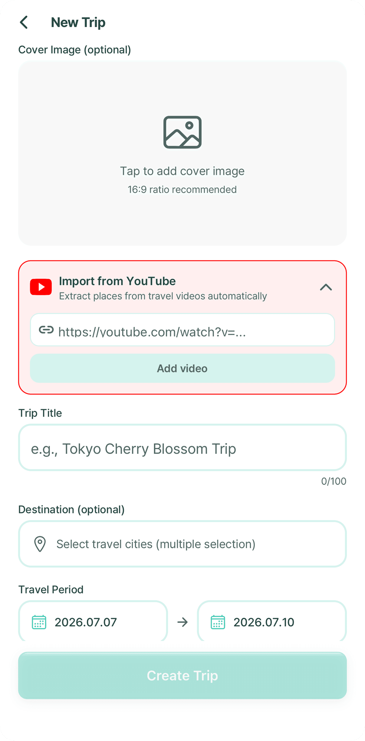 Clei YouTube trip planning — auto-extract places from a video link