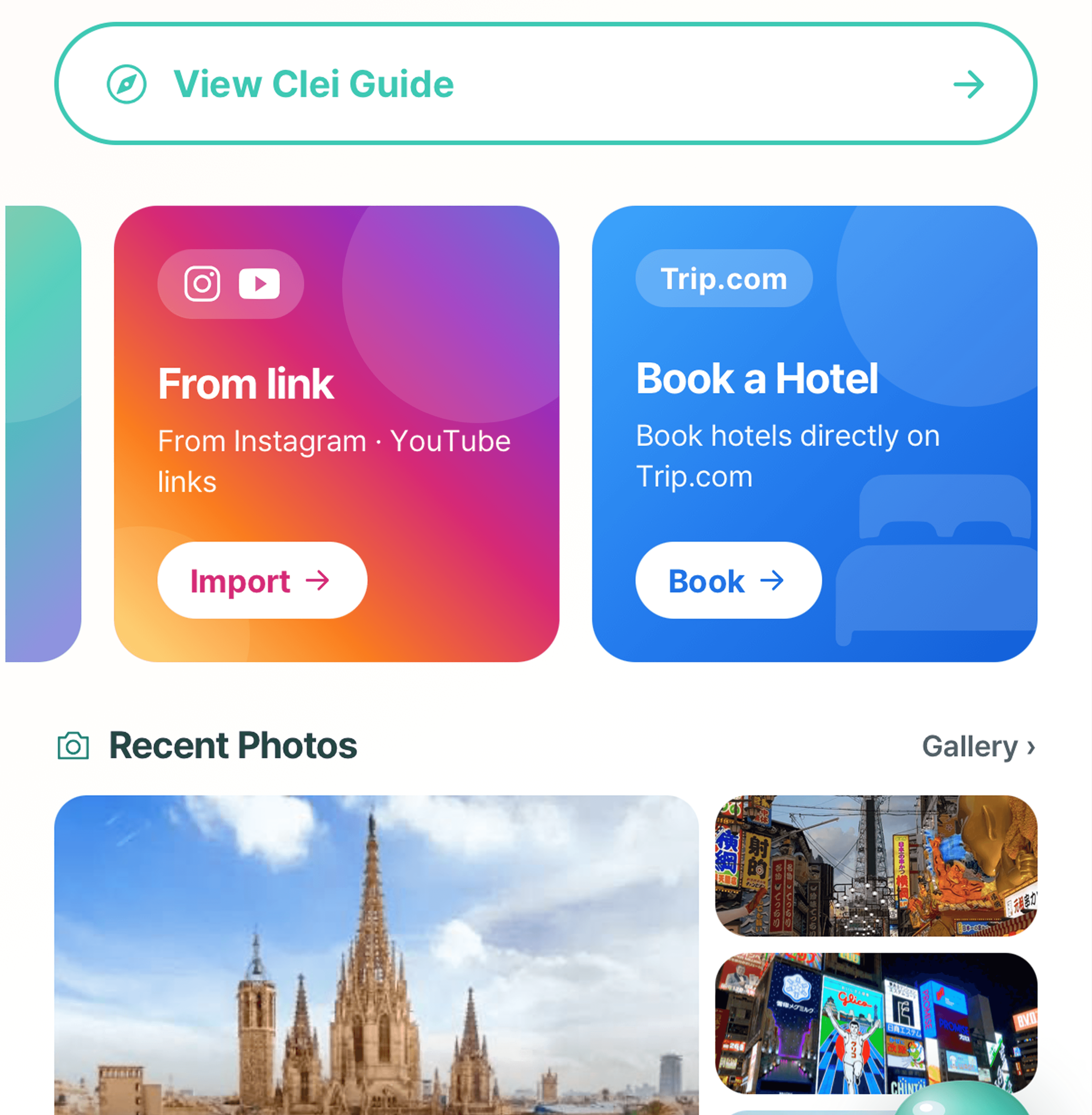 Clei — auto itinerary from YouTube/Instagram links, plus accommodation booking